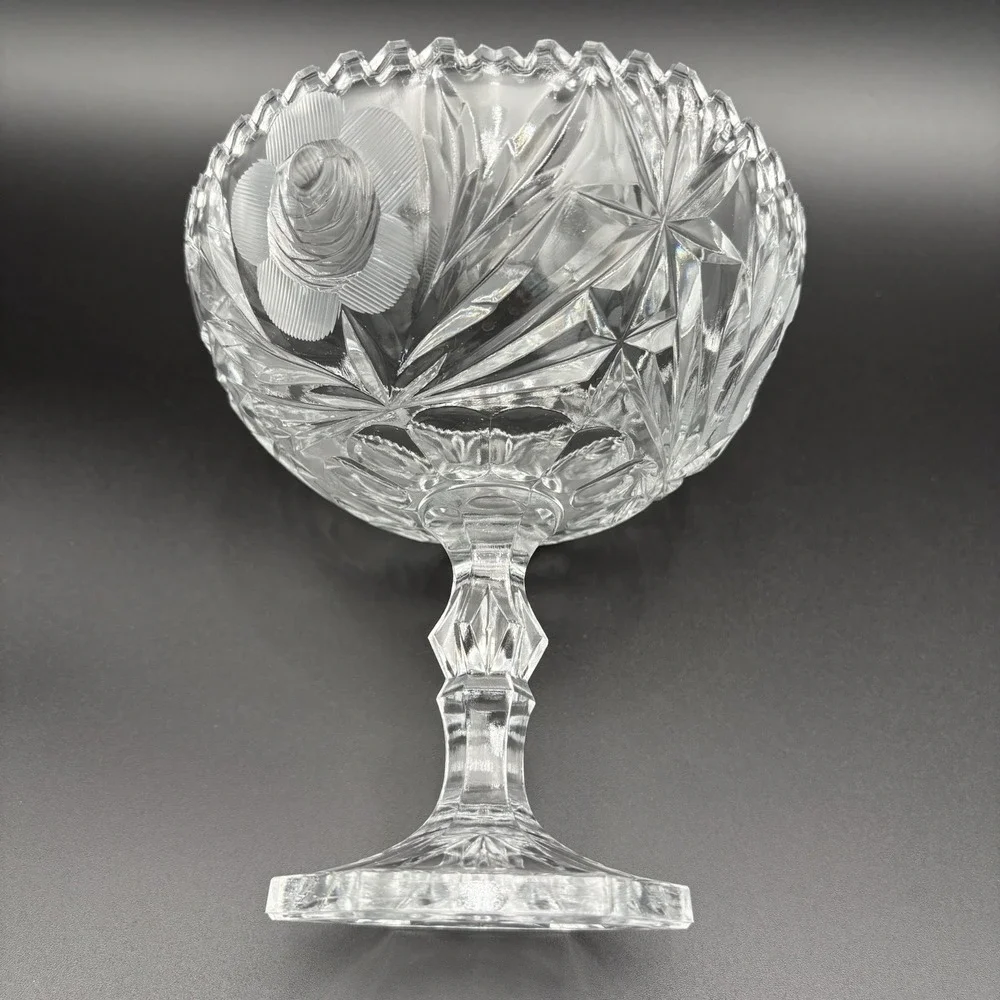 Crystal Cut Glass Pedestal Compote Rose Pattern‎ Scalloped 6 Side Base 7